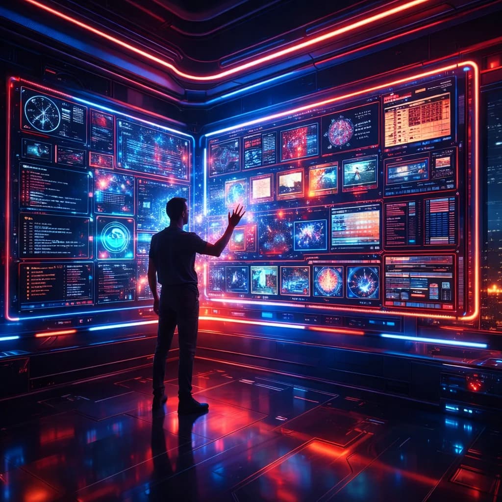 Homem interagindo com displays holográficos